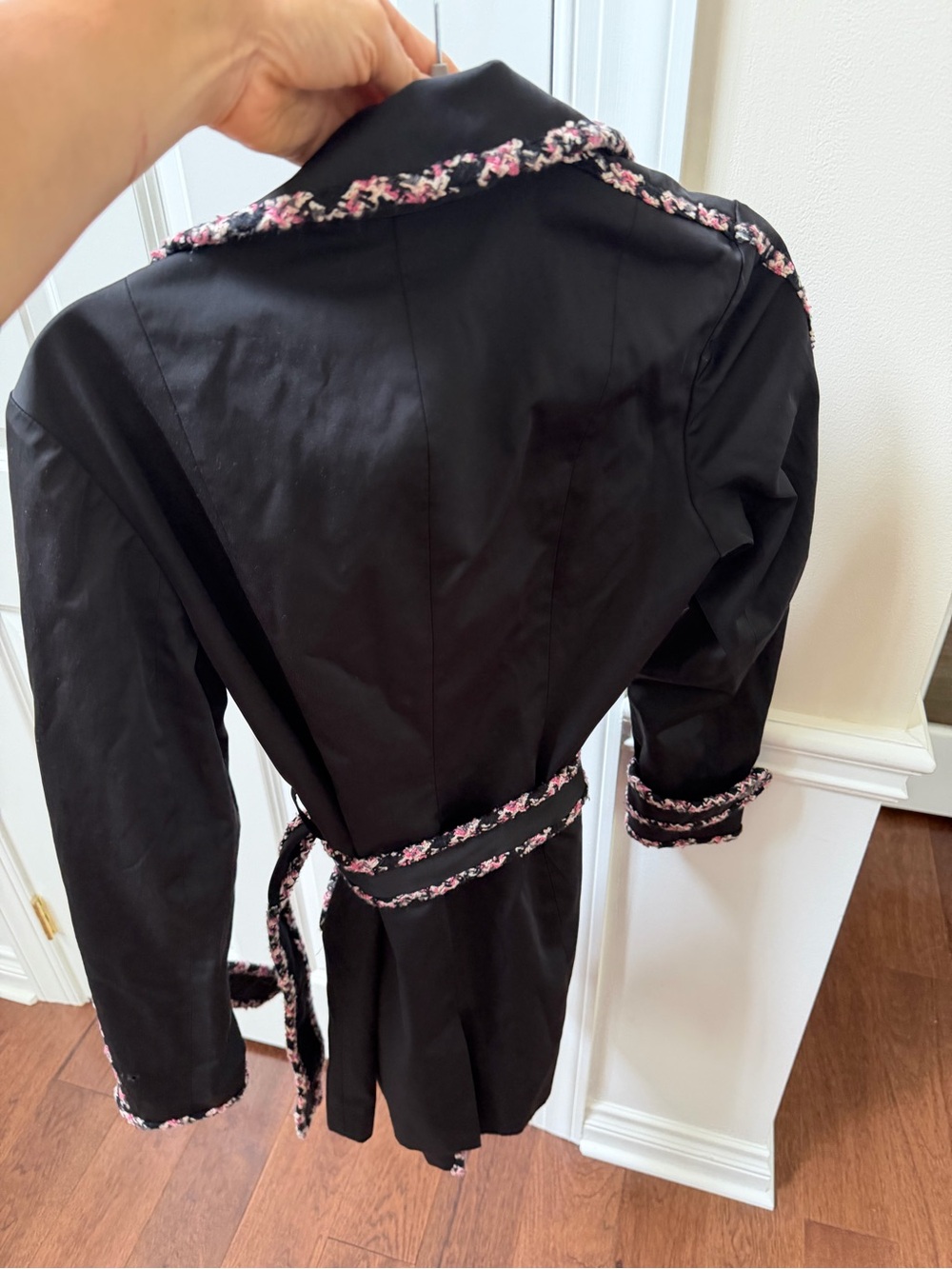 INC International Concepts Black Trench Coat with Pink Floral Trim - Picture 7 of 8